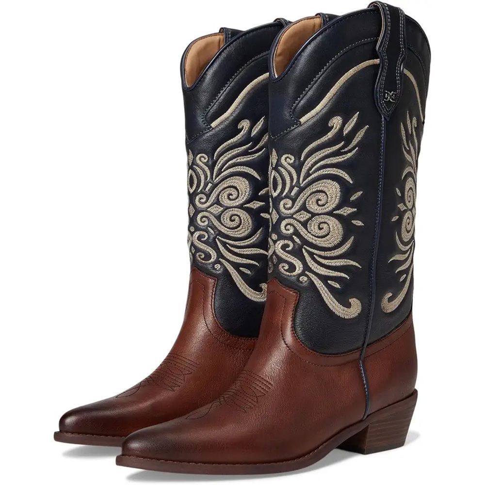 Sam Edelman Robbie Women's Embroidered Heeled Boots In Luxe Brown/Midnight Blue